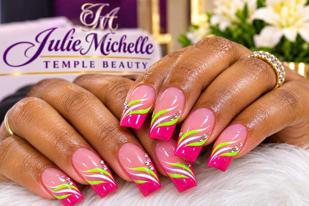 Bright pink and green manicure at Julie Michelle Temple Beauty