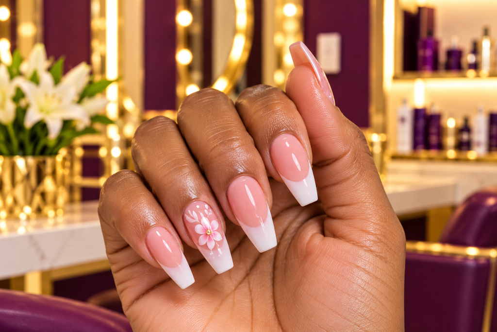 Pink and white floral French manicure at Julie Michelle Temple Beauty