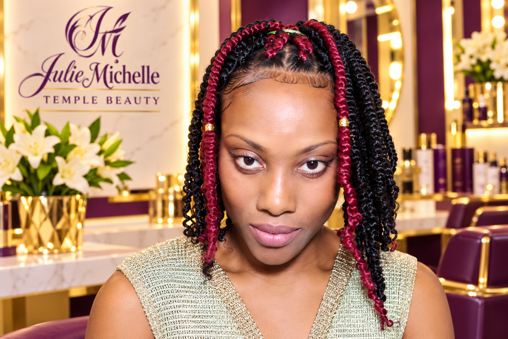 Burgundy and black twist hairstyle at Julie Michelle Temple Beauty