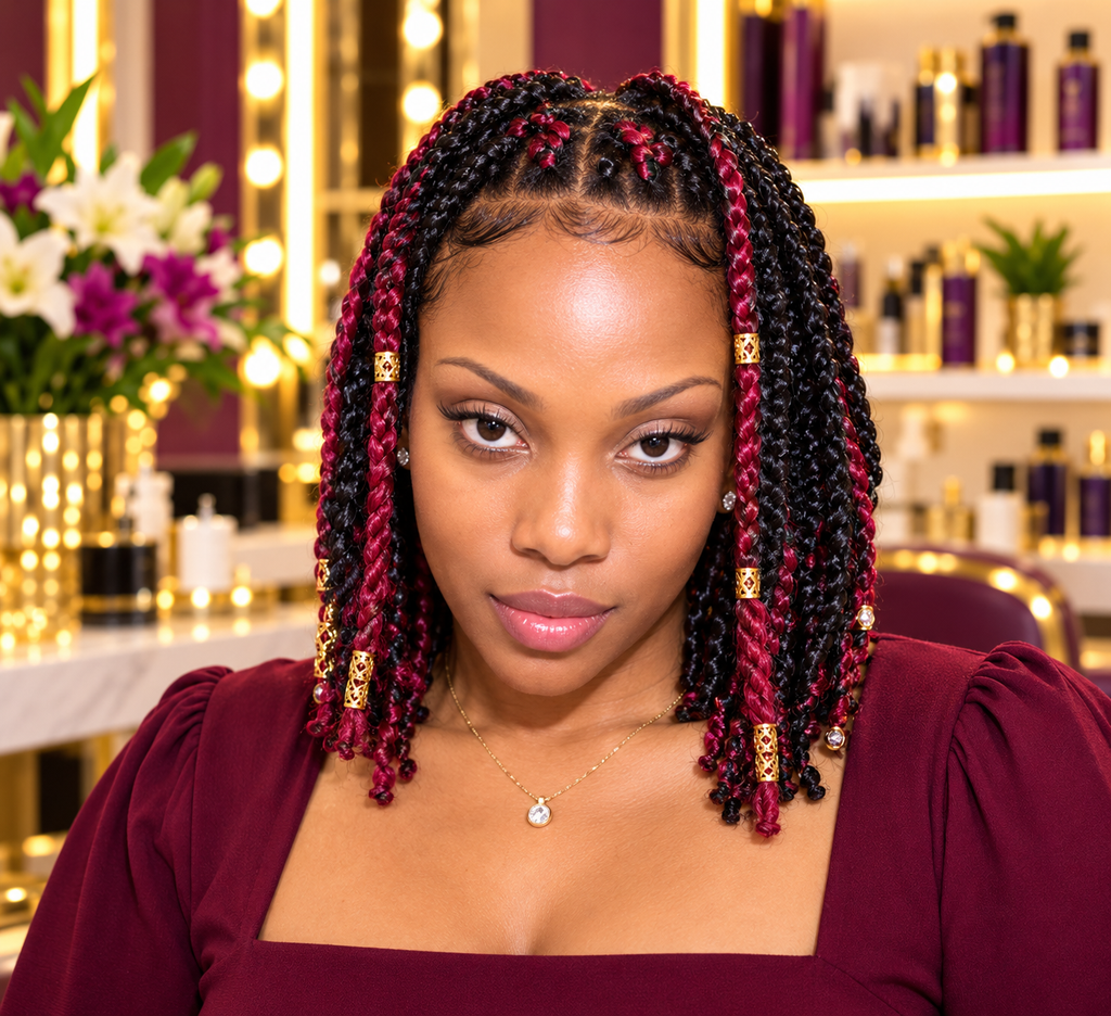 Burgundy and black braided hairstyle at Julie Michelle Temple Beauty